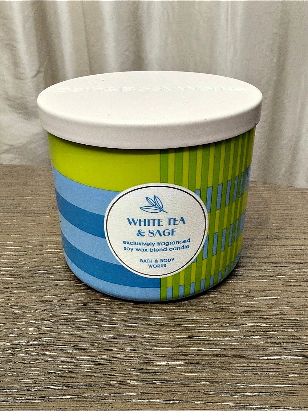 Bath & Body Works White Tea & Sage 3-Wick Candle Green & Blue